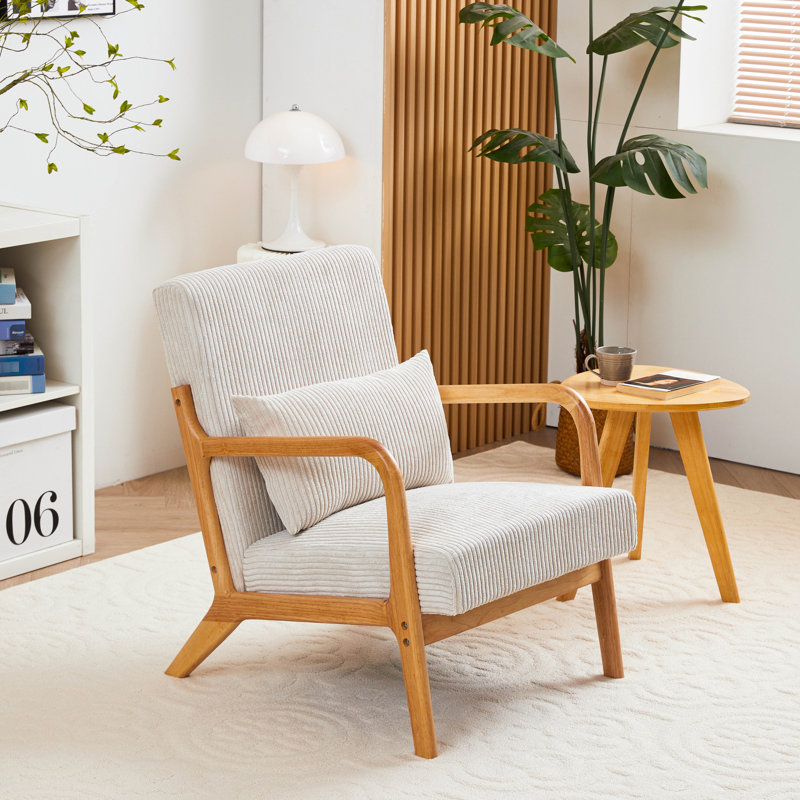 Chaise ergonomique beige, style Mid-Century moderne, structure en bois massif pour la décoration de la chambre à coucher et du salon, accoudoirs rembourrés, structure, maison