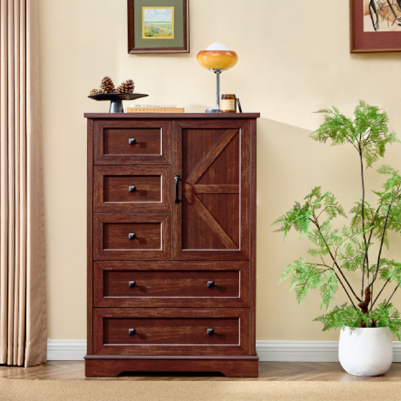 Commode 48 po pour chambre à coucher, commode de ferme avec 5 tiroirs en bois et armoire de rangement, Rouge cerise