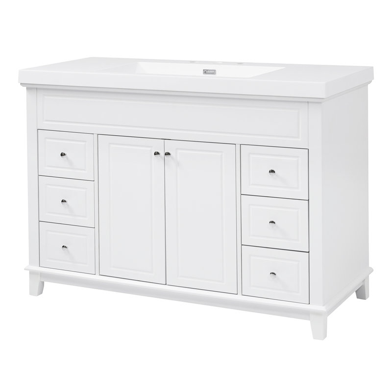 Meuble-lavabo de salle de bain de 122 cm (48 po) avec lavabo en résine, 6 tiroirs à fermeture amortie et portes doubles, blanc