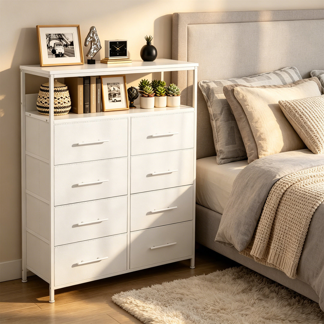 8 Fabric Drawer Chest Of Drawers, Tall Storage Organizer With 2-Layer Shelf & TV Stand, Sturdy Metal Frame
