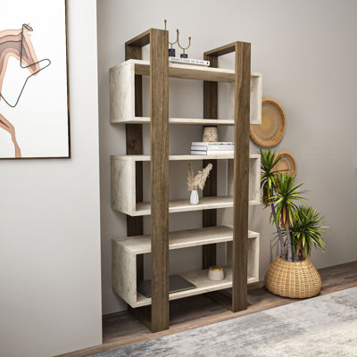 Modern Bookshelf with Walnut & Travertine Finish, 31.5 x 59.1 x 11.6 inches | 100% Melamine Coated Particle Board, Thickness: 0.71 inches | Stylish Marble Design, Perfect for Home or Office Storage, Durable & Elegant