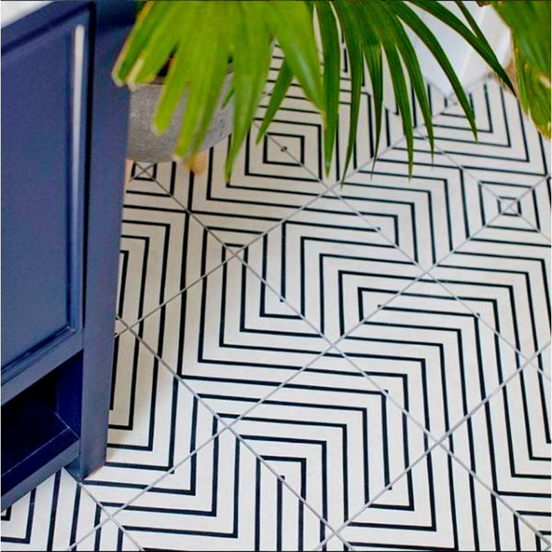 Labyrinth A 8" x 8" Cement Wall & Floor Tile, Black/White Morning