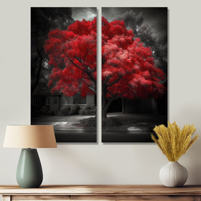 Red Tree Blossom Haven II - Red Modern Wall Art 2 Panels