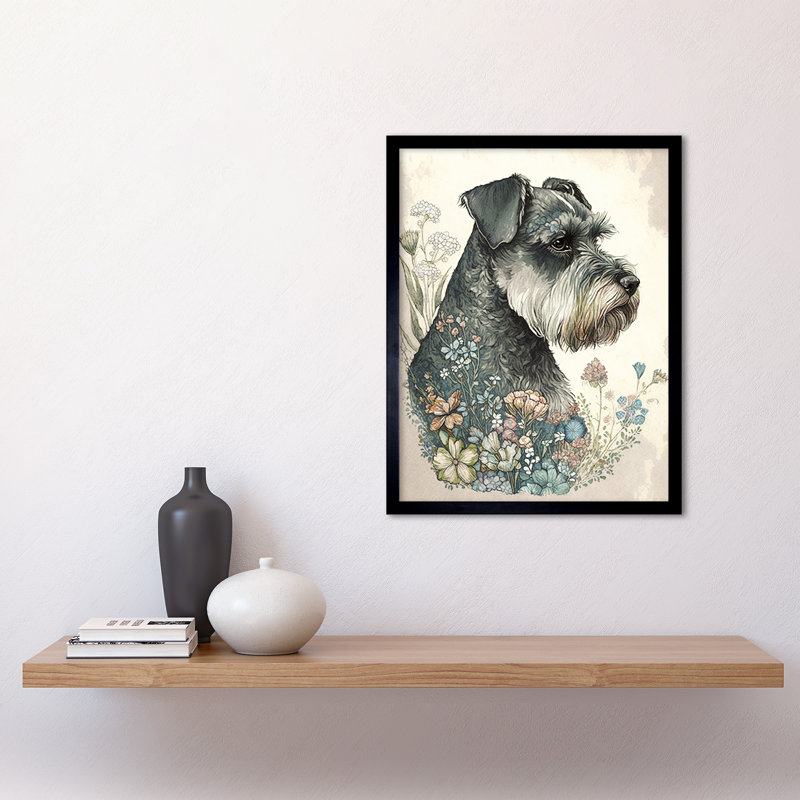 Grey Schnauzer Dog And Spring Flowers Boho Portrait Watercolour - Single Picture Frame Print