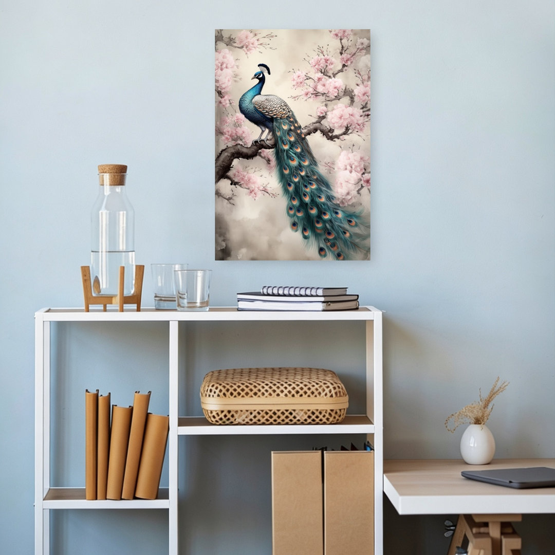 Peacock On Blossom Branch Elegant Abstract Contemporary Bird Cherry Nature Spring Wall Art Print
