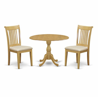 3 Piece Modern Table Set Contains a Round Wooden Table with Dropleaf and 2 Linen Fabric Dining Chairs, Oak
