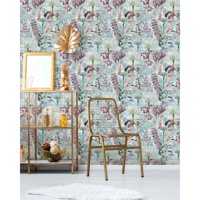 Florilegium Floral Wallpaper Roll, Blue/Mauve
