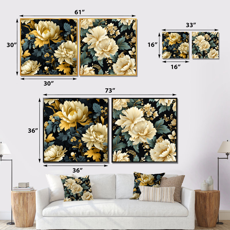 Louna - ensemble de 2 impressions murales florales, H 30 po x l 61 po x P 1 po, Cadre noir
