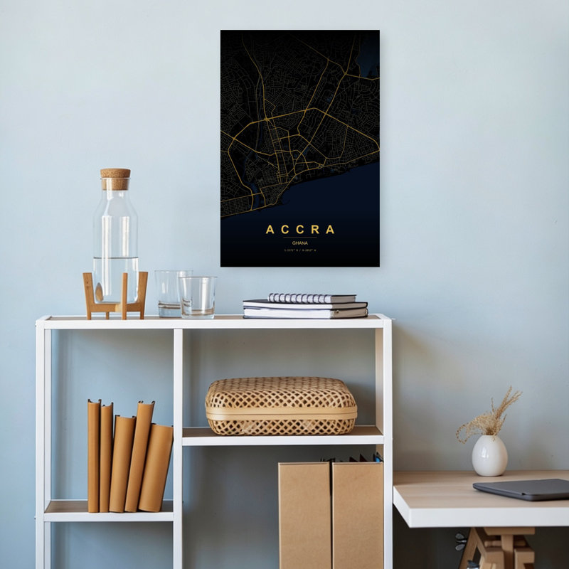 «Accra Night Map Modern Abstract City Coastal», art mural, H 18 po x l 12 po