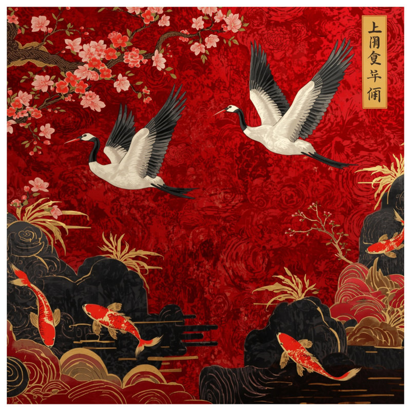 Housses de couette Cranes Cherry Blossoms Koi, Lit simple