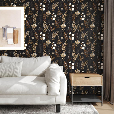 Black Gold Floral Peel And Stick Wallpaper - 17.4" X 394" Self-Adhesive Vinyl Wall Covering For Bedroom, Countertop, Cabinets, And Desk Decor - Waterproof, Removable, And Easy To Install