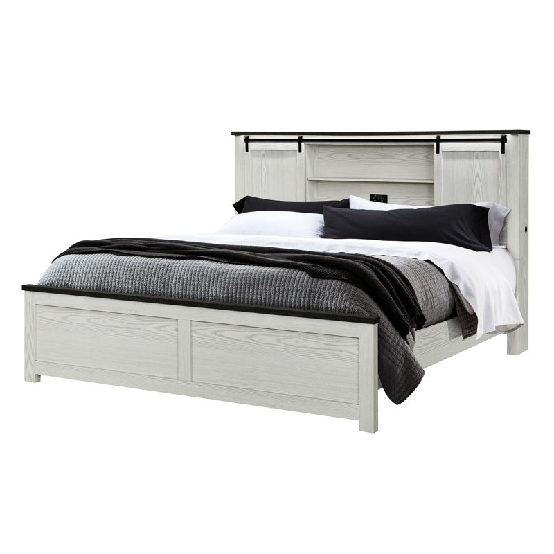 Structure de lit très grand beige avec tête de lit bibliothèque avec détail de barre noire, conception à profil bas, bois massif et fabrication, pour un usage transitionnel, nécessite un sommier tapissier, profondeur de 89,94 po, largeur de 81,29 po