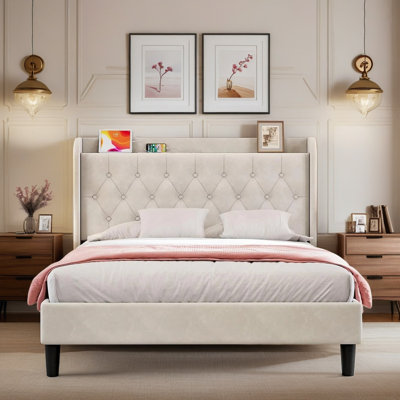 Velvet Upholstered Platform Bed Frame with USB & Type-C Charging Ports, Adjustable Headboard, Queen Size