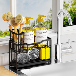 2-Tier Kitchen Sink Organizer With Rotating Spout, Adjustable Brush Holder & Self-Draining Tray, Rustproof Metal Sponge Caddy For Countertop Storage
