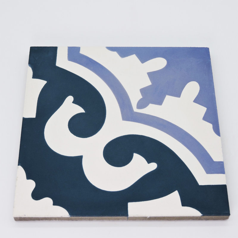 Tanger 8" x 8" Cement Patterned Wall & Floor Tile, White/Navy Blue