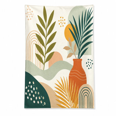 Serviette de plage bohémienne abstraite 1 pièce, avec un vase moderne avec de la verdure, des arcs-en-ciel et des lignes ondulées dans une palette de couleurs vibrantes. Grande microfibre à séchage rapide, parfaite pour les voyages, les fêtes à la piscine, les voyages, unisexe.