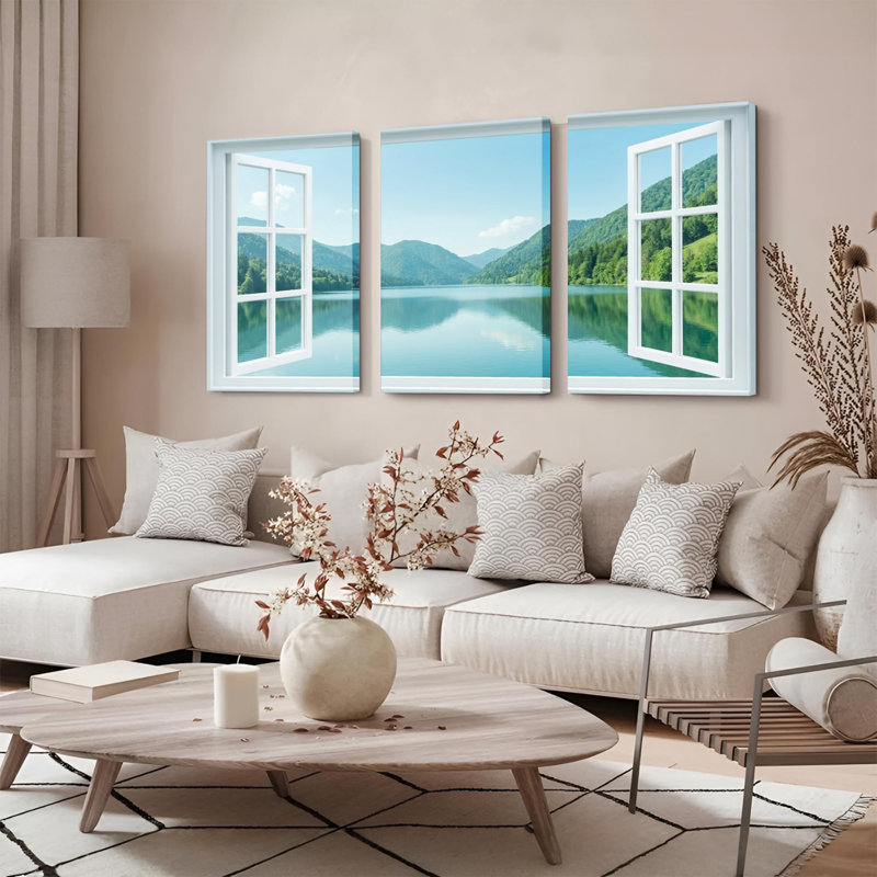 Ensemble de 3 tableaux sur toile encadrée avec vue sur le lac et la montagne, pour la décoration du salon et de la chambre.