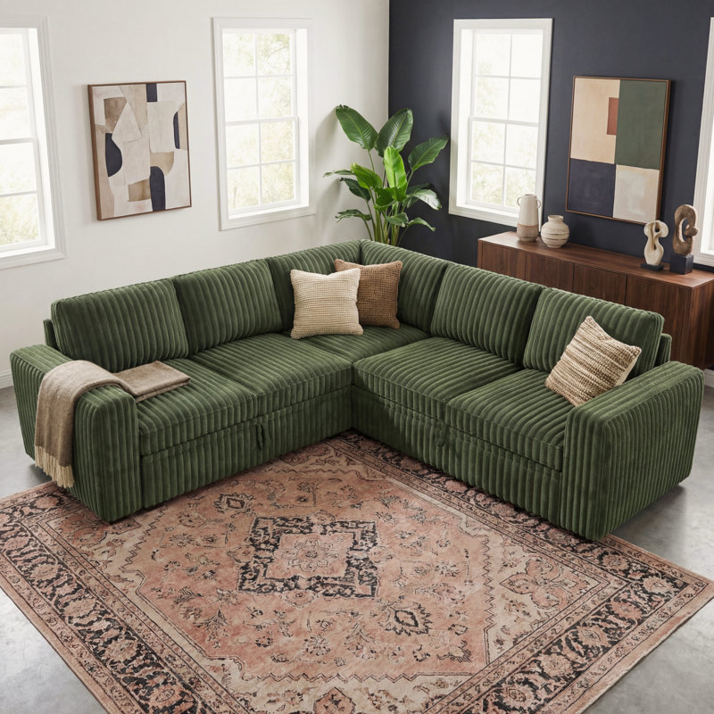 Hoelscher L-Shaped Sleeper Sectional Upholstered Sofa Bed With Storage Space Green, Green