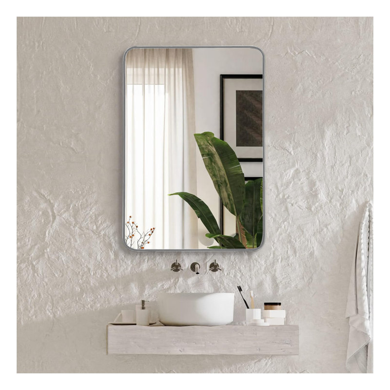 Miroir de salle de bain rectangulaire en métal argenté 22 po x 30 po - Miroir décoratif mural moderne pour meuble-lavabo, chambre à coucher, salon