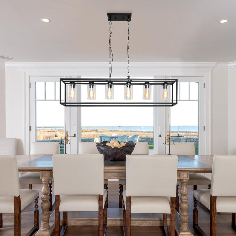 Éclairage d'îlot de cuisine noir à 6 lumières avec abat-jour en verre transparent, luminaires de salle à manger de style campagne moderne au-dessus d'une table, îlots de cuisine, de salle à manger, de bar, de vestibule
