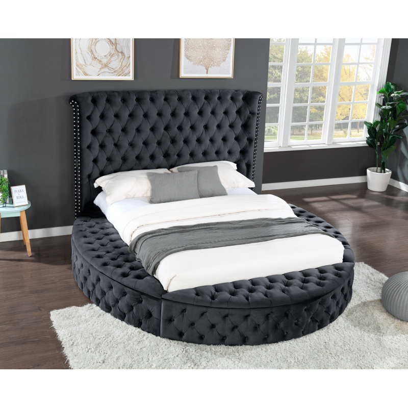 Grand lit de rangement capitonné en bois noir HAZEL, Noir, Grand
