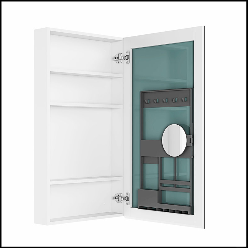 Armoire à pharmacie sans cadre avec bords biseautés, porte à ouverture à droite et miroir de maquillage mobile intégré pour la salle de bain