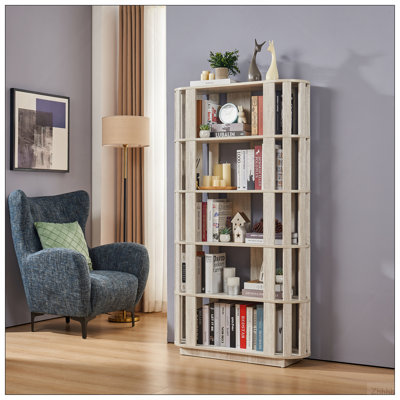 Bibliothèque ovale en bois ouverte, bibliothèque autoportante à cadre en panneau de fibres à densité moyenne, support de rangement à 5 niveaux facile à assembler pour le salon, décoration de bureau à domicile