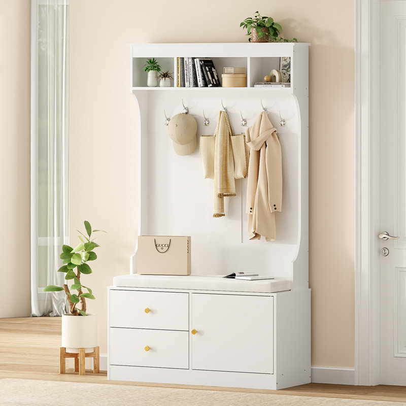Hall Tree 40.1" Wide with Storage Bench, White