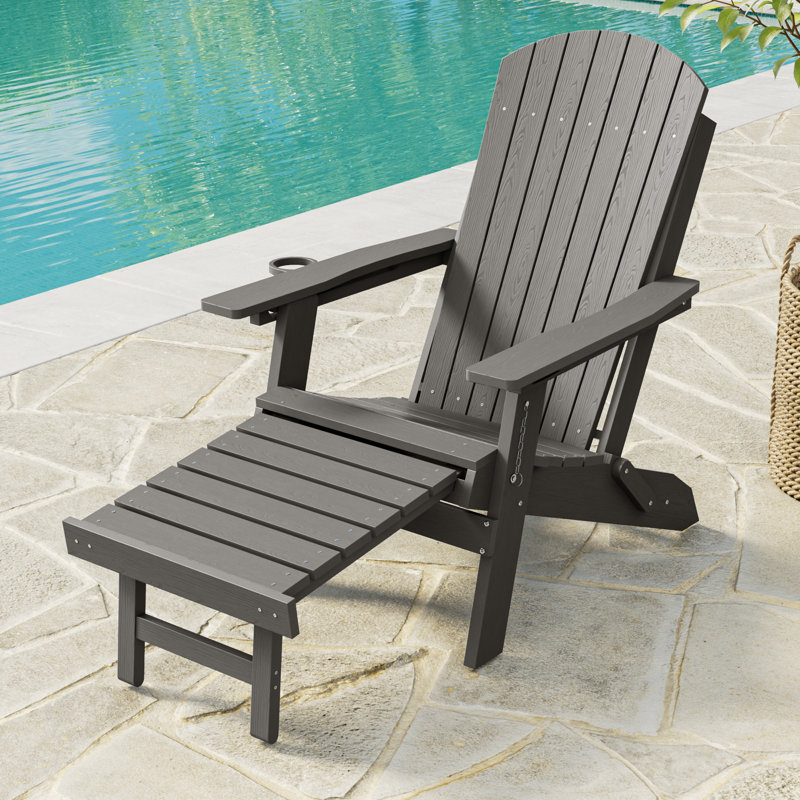 Folding Adirondack Chair with Retractable Ottoman & Cup Holder, 3-Position Adjustable for Patio, All-Weather Outdoor Seating
