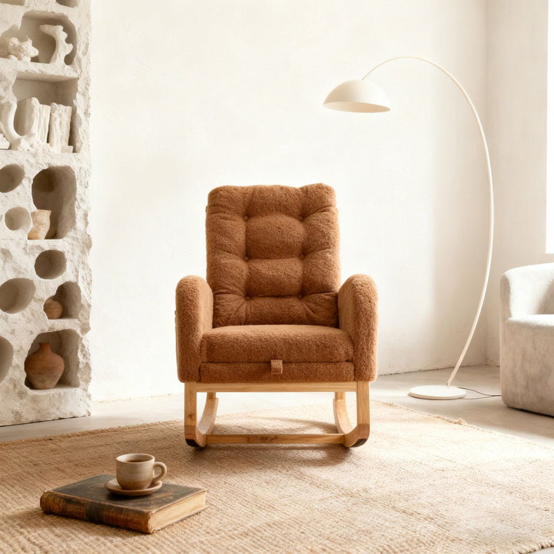 Chaise berçante d'appoint avec repose-pieds en bois d'hévéa à haut dossier, Caramel