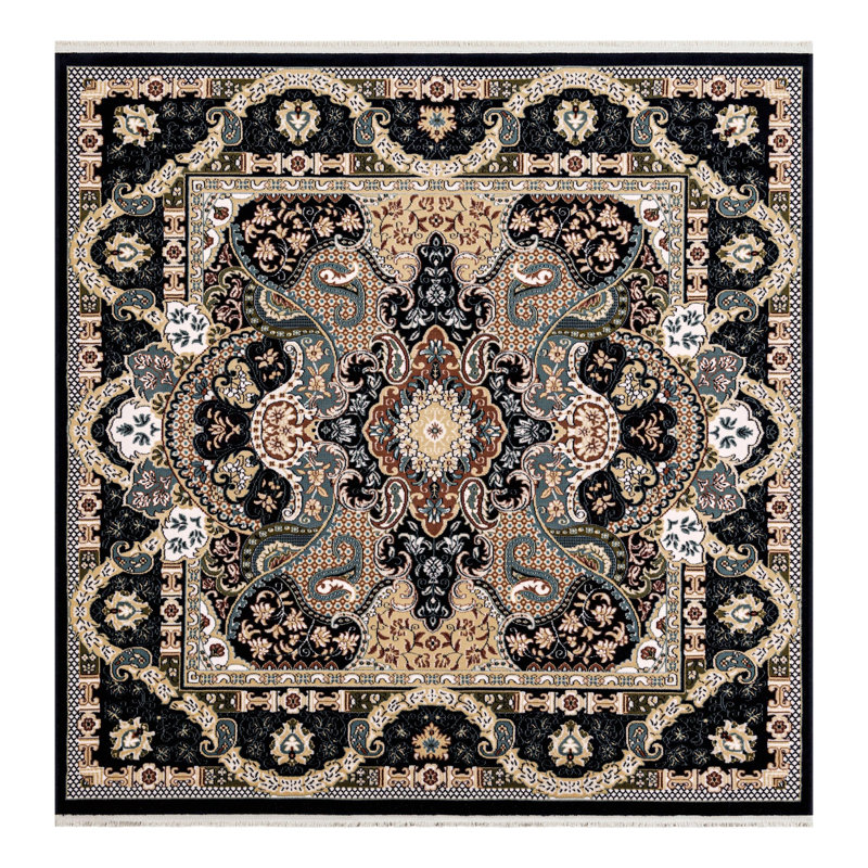 Tapis bleu marine / ivoire Eleanor, Black, Carré 6 pi 1 po