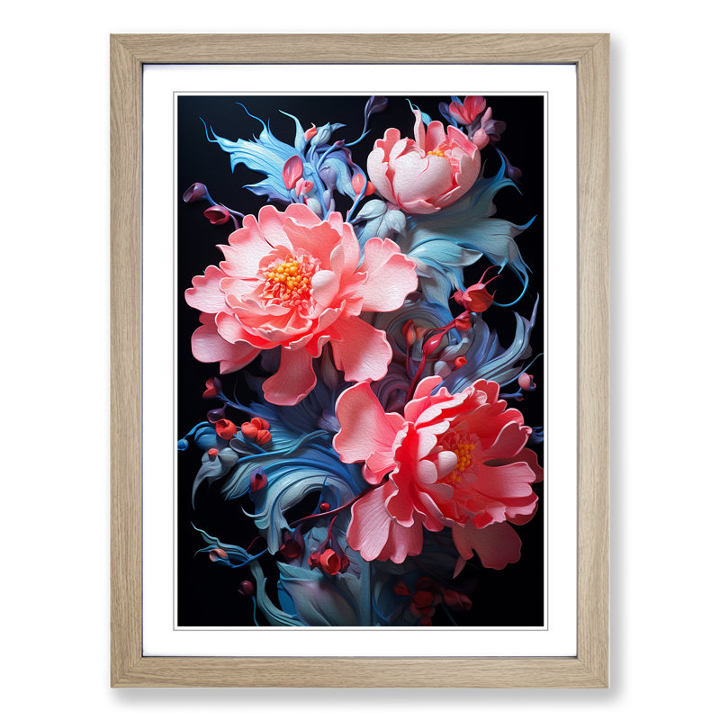 Peony Flower Neo-Plasticism - Single Picture Frame Print on Wood, Oak Framed, 46cm H x 34cm W x 2cm D