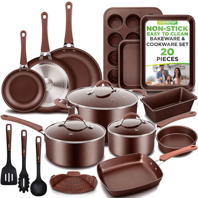 Ensemble de batterie de cuisine antiadhésive Nuthausf, ensemble de batterie de cuisine de qualité supérieure 20 pièces avec casseroles, poêles, ustensiles de cuisson et ustensiles, casseroles et poêles antiadhésives compatibles avec les surfaces de cuisson au gaz, électriques, en céramique et à induction (noir)