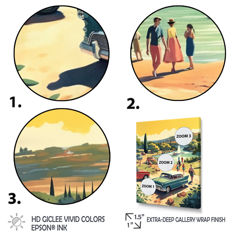 50's Vintage Cars By The Beach I, reproduction d'art sur toile, H 20 po x l 12 po x P 1 po, Or