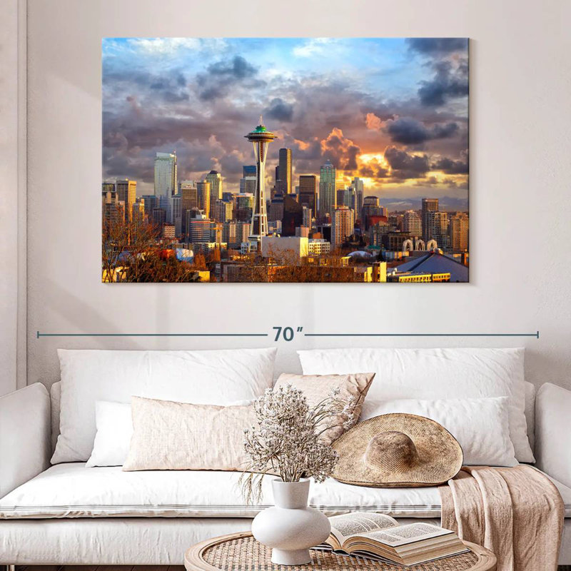 Ravi Seattle, ciel coucher de soleil, H 34 po x l 51 po