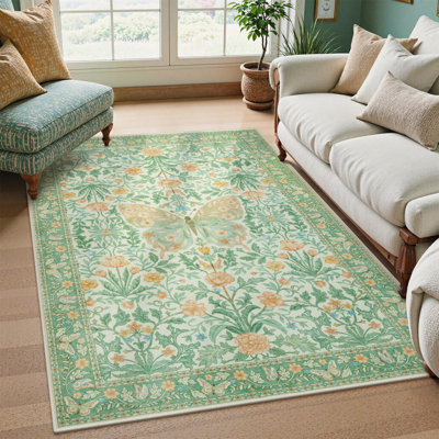Goldene Washable Butterfly Area Rug Boho Floral Rugs for Girls Room Non Slip Ultra Thin Insect Floor Carpet