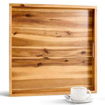 20 Inch Acacia Wood Ottoman Tray - Wooden Square Serving Tray With Handles - Extra Large Food Serving Trays For Decorative, Coffee Table, Breakfast In Bed - Charcuterie Trays Use For Kitchen