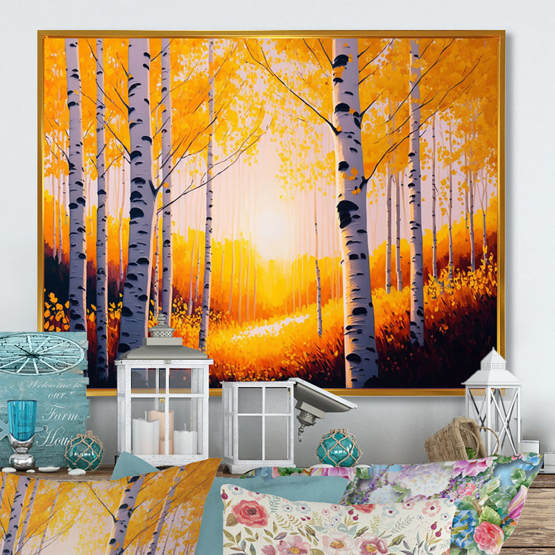 Golden Hour Birch Trees VI - reproduction sur toile, H 12 po x l 20 po x P 1 po, Toile avec cadre flottant or
