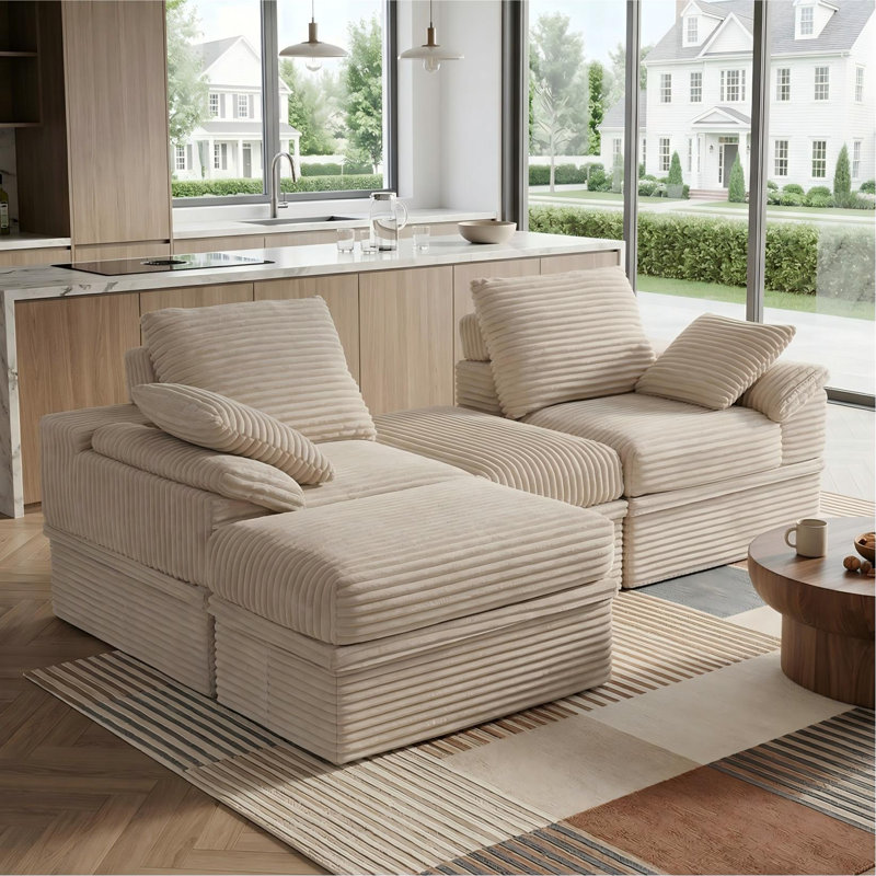 Boneless 70.8"W Oversized Corduroy Sectional Loveseat with Pillow Topped Arms, 4-Piece Modular Sleeper Sofa with 2 Ottomans, Under-Seat Storage & 2 Pillows for Living Room, Easy Assembly