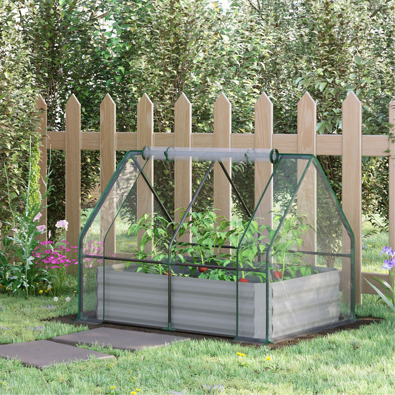4' X 3' Galvanized Raised Garden Bed With Mini PVC Greenhouse Cover, Outdoor Metal Planter Box With 2 Roll - Up Windows For Growing Flowers, Fruits, Vegetables And Herbs, Clear