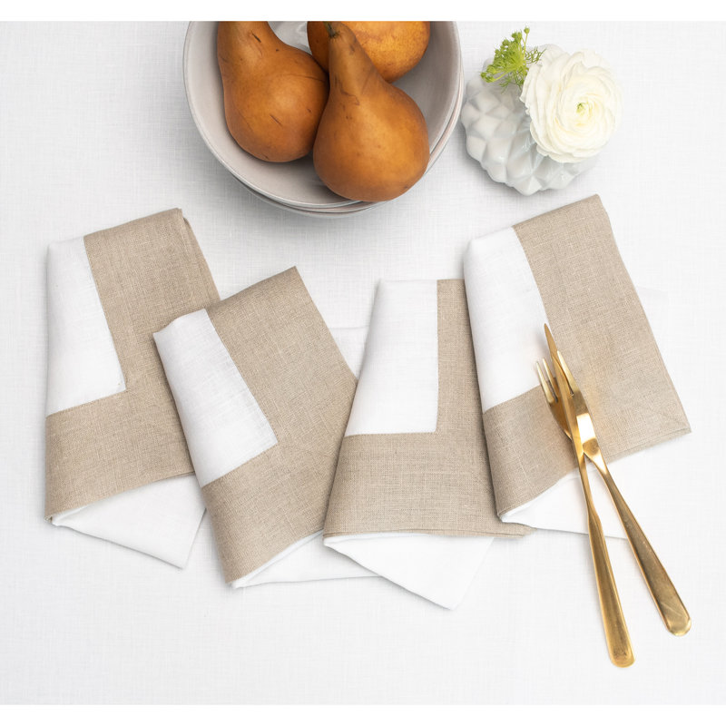 Contempo - 100% Pure Linen Dinner Napkins, Natural/White