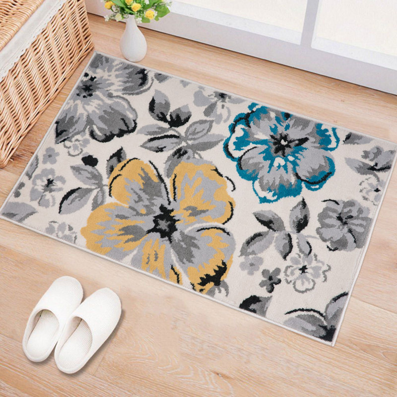 Tapis performance crème / jaune / bleu à motif floral moderne, Rectangle 2 pi x 3 pi
