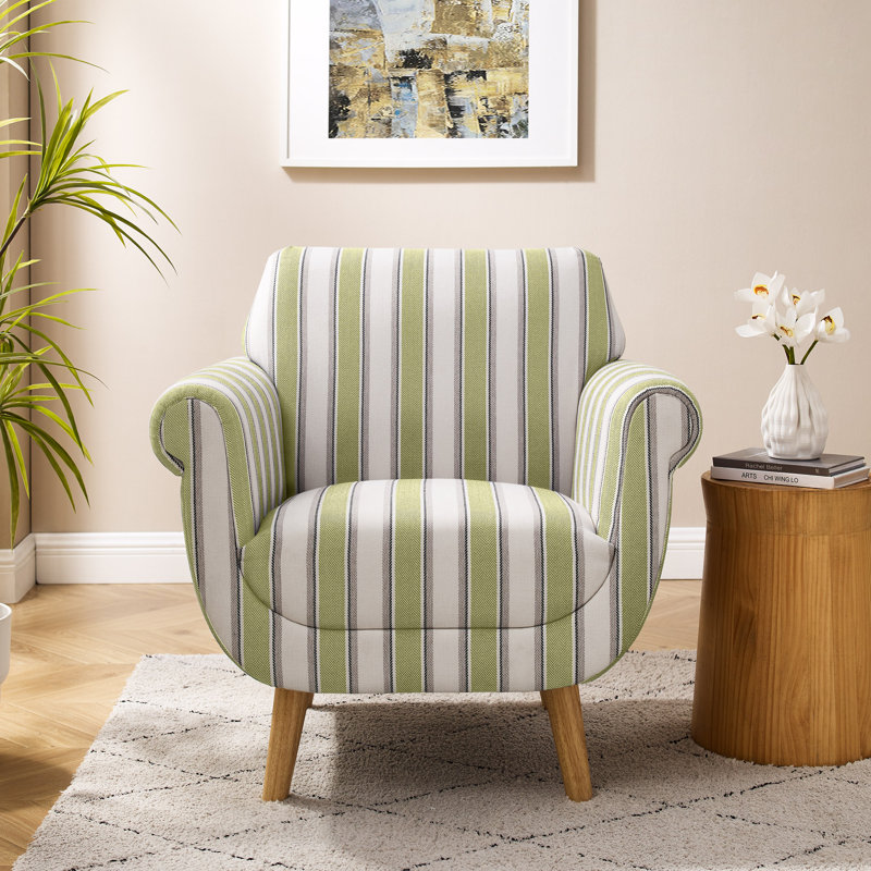 29.92" Coastal Linen Striped Fabric Upholstered Accent Chair, Armchair With Stripe Pattern, Lime Green Striped Linen