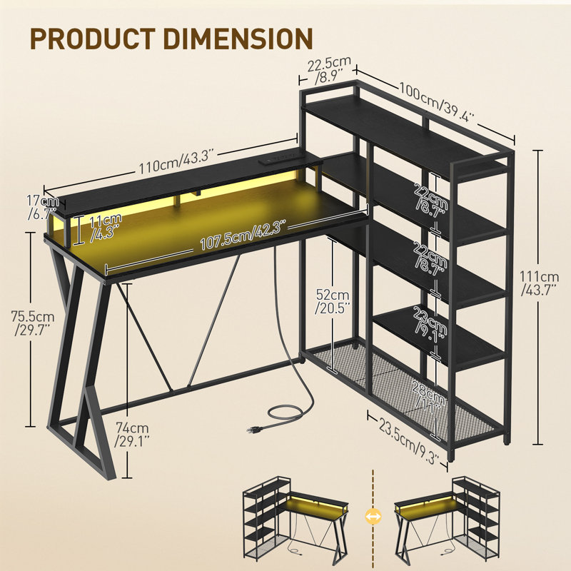 Reversible L Shaped Gaming Desk with Shelves, 52'' L Shaped Computer Desk with Power Outlet and LED Light, Corner Desk with Storage Shelf and Monitor Stand
