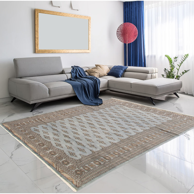 Tapis bleu pâle Malayka Peshawar Bokhara 6 pi 9 po x 9 pi 4 po