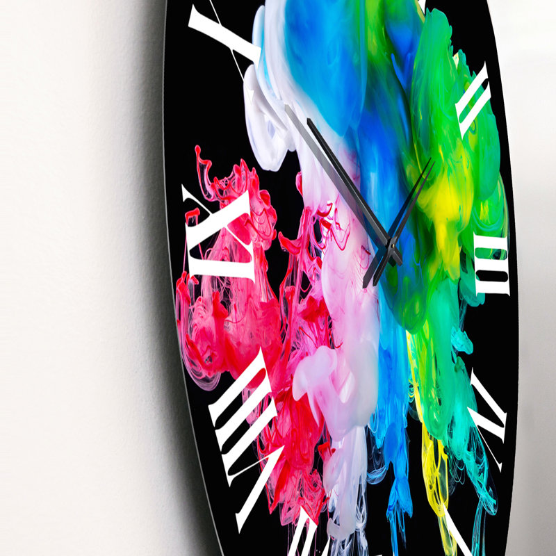 Rouge, bleu, vert, encre liquide, art sur fond noir - horloge murale moderne, Moyen