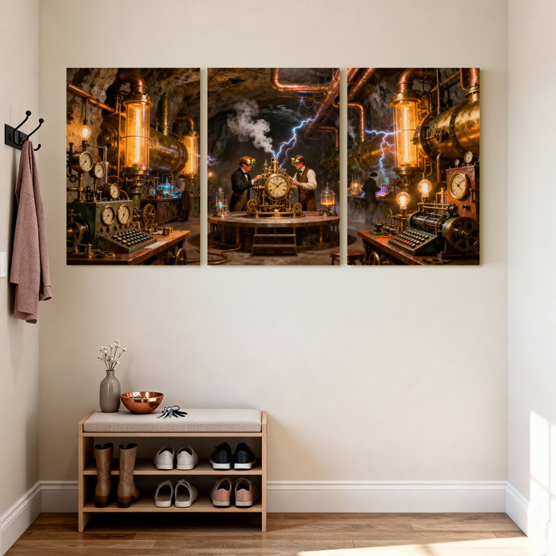 Fantaisie et science-fiction laboratoire Steampunk avec engrenages et éclair, ensemble de 3 impressions sur toile