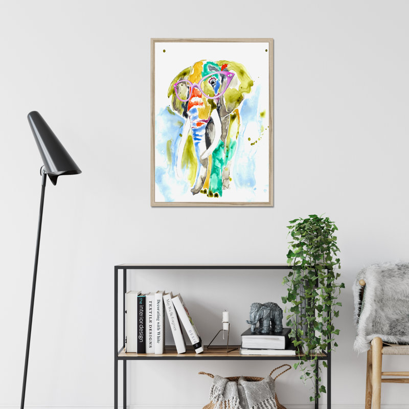 Smarty-Pants Elephant by Jennifer Goldberger - Painting, 80cm H x 55cm W, Natural Wood Framed Paper Print