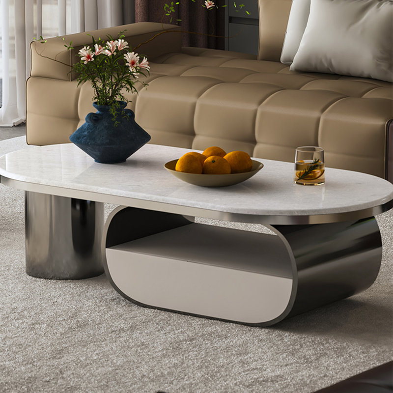Table basse moderne en marbre ovale, H 13,8 po x L 51,2 po x l 27,6 po, Blanc