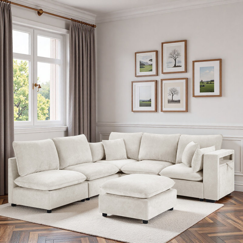 Canapé modulaire moderne avec repose-pieds mobile, accoudoirs de rangement et ports USB, Chenille beige